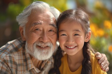 Fototapeta premium Happy moment between a grandfather and his granddaughter, smiling together outdoors.