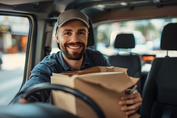 Smiling Delivery Driver Holding a Package Inside a Van