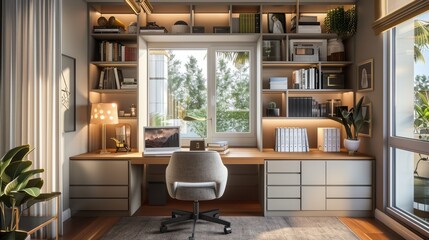 Fototapeta premium A stylish home office with a modern desk, an ergonomic chair, built-in shelves filled with books and decor, and a large window that brings in natural light.