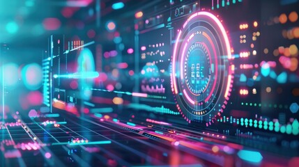Analyzing KPIs with advanced dashboards, bright neon lights, futuristic style, digital illustration
