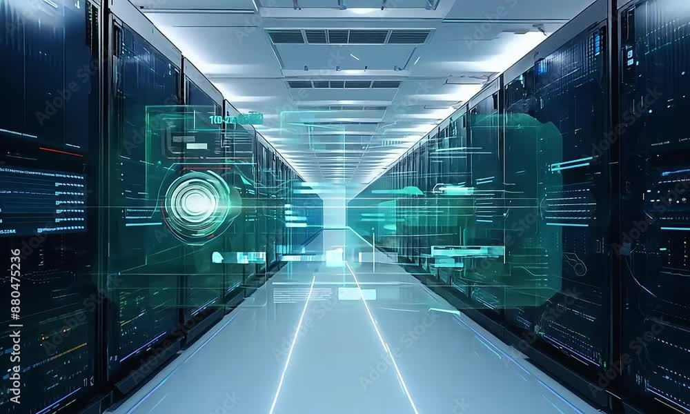 Poster hightech data center with server racks digital connections cybersecurity systems. concept data cente