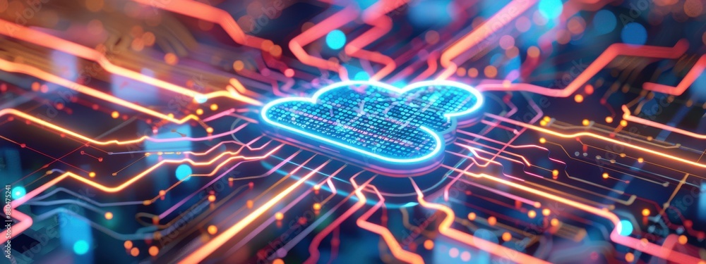 Poster animation of servers and their integration into cloud computing, depicted in a data center with flow