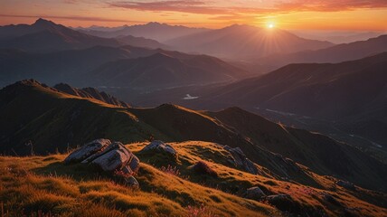 This captivating scene features a breathtaking mountain range covered in warm tones of pink and orange, as the sun slowly sets over the horizon. It features impressionism and realism.