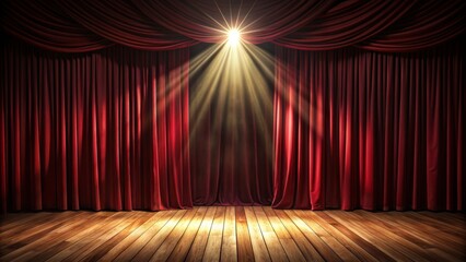 Dimly lit empty stage with bright spotlight shining down, casting dramatic shadows on dark red velvet curtains and wooden floor.