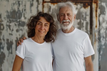 Fototapeta premium Happy senior couple standing side by side, wearing white shirts, smiling warmly against a neutral background.
