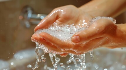 Close-up of Hands with Soap Suds and Water Drops