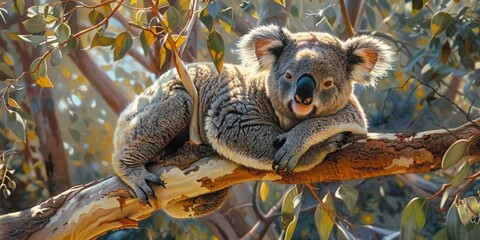 Naklejka premium A koala clings to a eucalyptus tree branch, surrounded by lush foliage in a natural habitat.