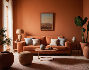 Stylish Living Room with Terracotta Sofa and Desert Landscape Art