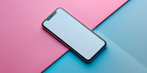 A modern smartphone with a blank screen, placed on a two-tone pink and blue background, viewed from above.