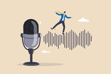 Podcast listening, microphone broadcasting with knowledge learning, personal development or voice communication to success concept, businessman walking on sound wave from podcasting microphone.