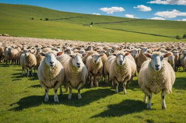 Fototapeta premium Large group of sheep graze on green pasture and grassy hillside under bright blue sky