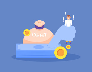 debt entanglement concept. trapped by a lot of debt. businessman who has a lot of debt. Financial Problem. illustration of a man holding the money from a loan. flat style design. graphic elements