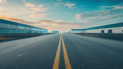 Fototapeta premium Wide empty road flanked by two tall buildings
