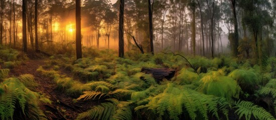 Sunrise Through the Mist in a Lush Forest