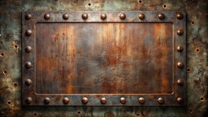 Fototapeta premium Rusty, weathered, industrial metal plate with scratches, bolts, and rivets set against a dark, muted, greyscale background with subtle grads.
