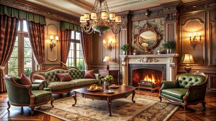 Elegant vintage living room featuring ornate antique furniture, plush rich-colored upholstery, and a classic fireplace with intricate mantle details.