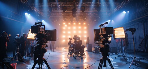 A professional film studio setup featuring high-end cameras, lighting equipment, and crew preparing for movie production.