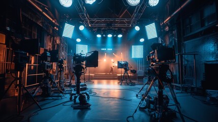 Professional Film Studio with High-End Lighting and Camera Equipment in Action