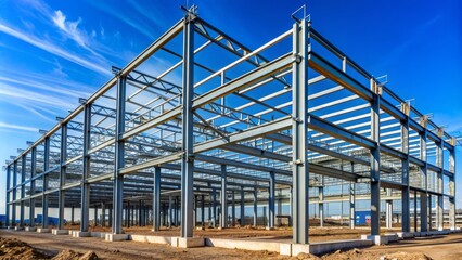Modern industrial metal framework of a large building under construction with intricate beams and columns against a blue sky background.