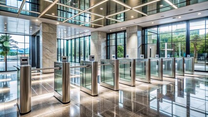 Sleek automatic turnstiles stand sentinel in a modern lobby featuring glossy marble floors and gleaming glass walls reflecting abundant light.