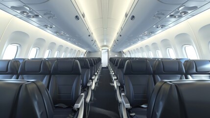 Naklejka premium Airplane interior of commercial passenger. Airplane cabin and aisle with empty seats inside of plane