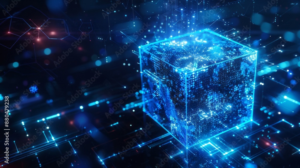 Poster innovative blue tech cube surrounded by dynamic electromagnetic particles, perfect for high-tech bus