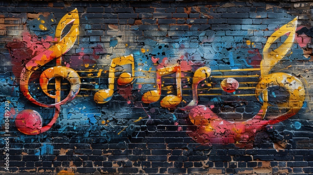 Sticker Colorful Music Notes Graffiti on Brick Wall