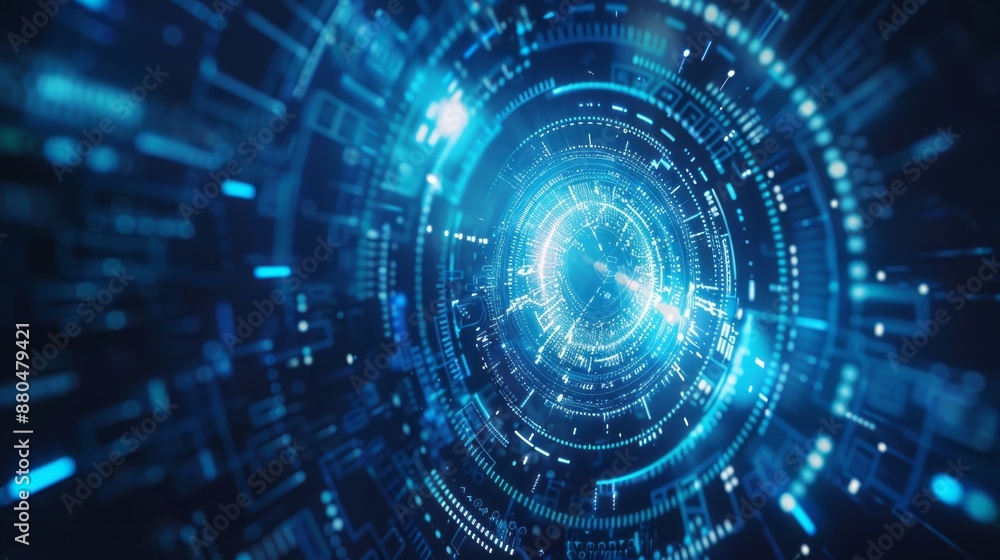 Poster futuristic blue technology background with digital tech circle, circuit patterns, and binary code fo