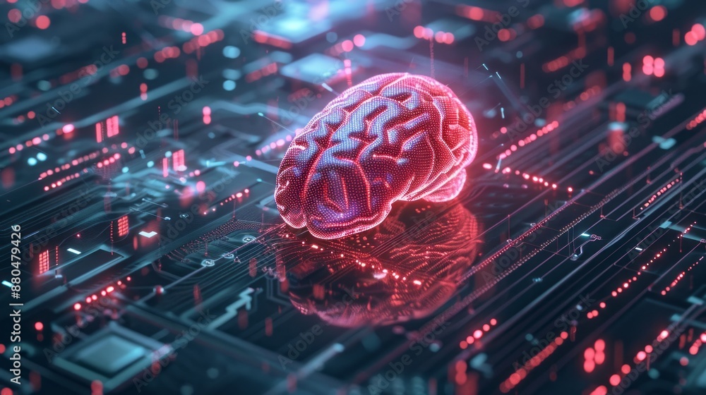 Poster 3d illustration of brain processor concept with artificial intelligence technology highlighting neur
