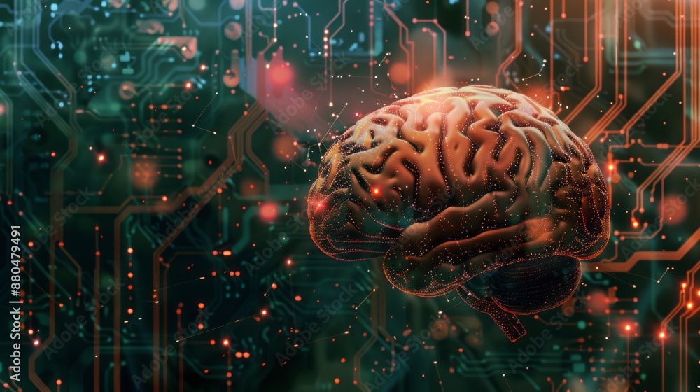 Poster 3d illustration of brain processor concept with artificial intelligence technology highlighting neur