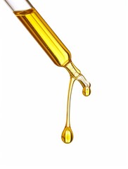 On a white background, a cosmetic pipette with drops of cosmetic oil is close up, showing the drops