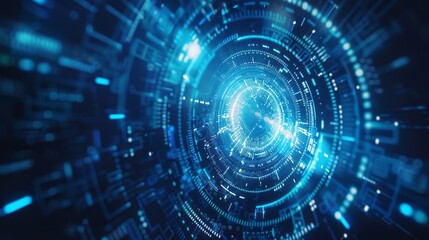 Futuristic blue technology background with digital tech circle, circuit patterns, and binary code for cutting-edge design
