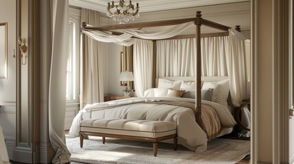 An elegant bedroom with a canopy bed, luxurious bedding, an upholstered bench at the foot of the bed, and a chandelier, all in muted tones.