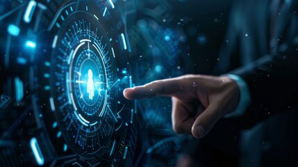 Businessman using advanced fingerprint scanning technology for secure login, authentication, and identity verification in a high-tech security system, emphasizing personal security and data protection