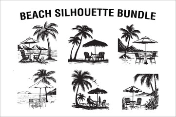 Obraz premium Beach Landscape Silhouette vector with plam tree. umbralla on white color background. Beach silhouette Vector. 