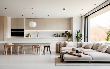 Fototapeta premium Modern Living Room Design, Beautiful Apartment Sofa, Chair, Dining Table & Wall Mockup