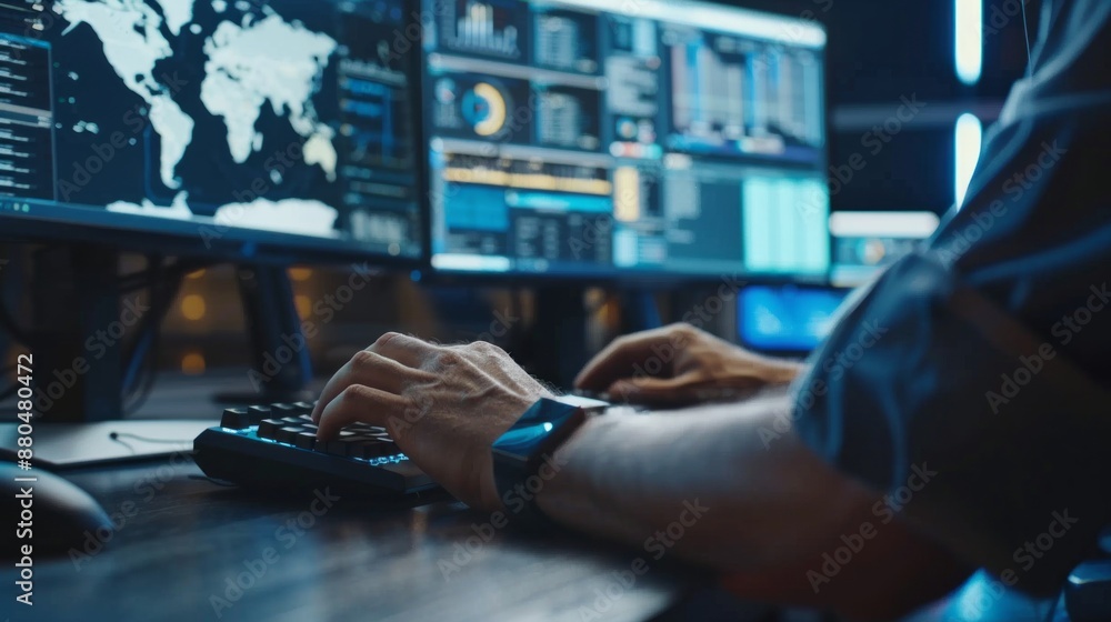 Poster close up of office specialist working on desktop computer in a modern technological monitoring contr