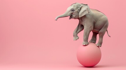 An elephant balancing on a pink ball against a pink background.