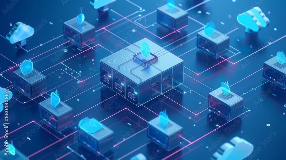 Poster cloud computing and online storage technology concept - network of business computers connected to i