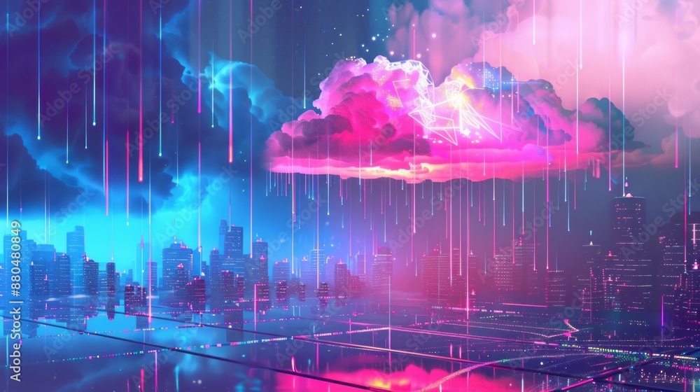 Poster futuristic cloud computing technology concept with digital interface and data flow, highlighting mod