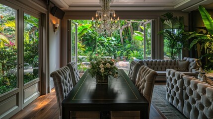 Fototapeta premium An elegant dining room with a long, dark wood table, high-back upholstered chairs, a crystal chandelier, and a large window showcasing a lush garden.