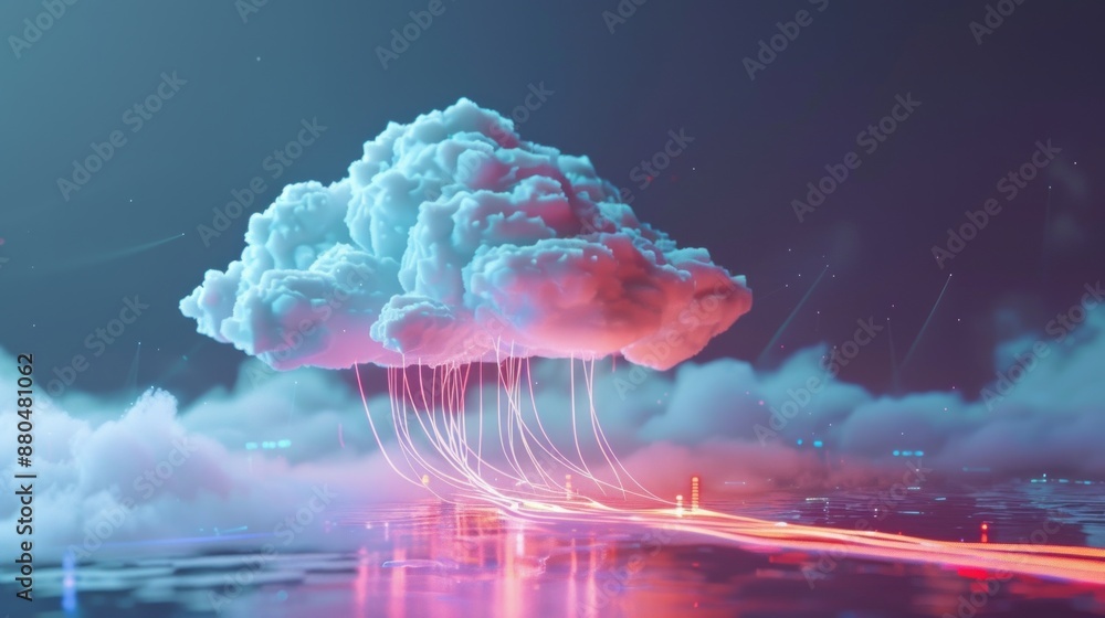 Poster white cloud connected with network cable, 3d rendering of cloud computing technology concept backgro