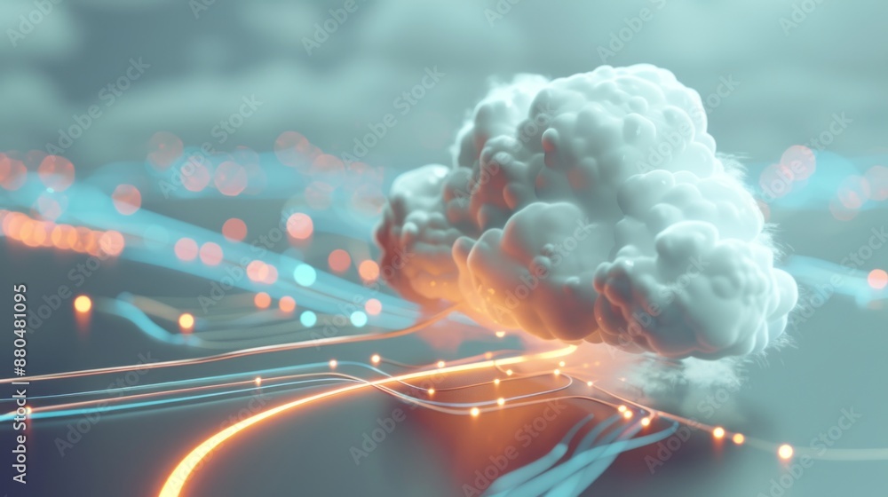 Poster white cloud connected with network cable, 3d rendering of cloud computing technology concept backgro