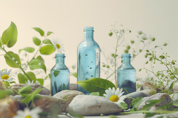 スキンケア用の化粧品之ガラスボトルをディスプレイしている美容広告写真