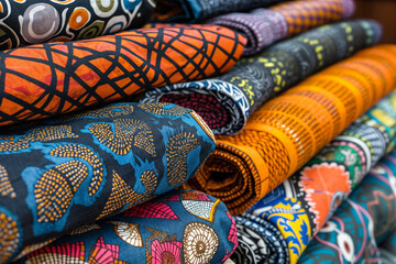 Colorful African wax print fabrics neatly rolled and stacked, showcasing vibrant patterns and intricate designs, highlighting cultural richness and textile artistry in a marketplace setting