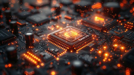 Quantum computer, complex circuits, glowing elements, futuristic design, high-speed processing