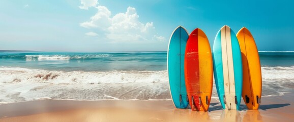 A row of colorful surfboards standing upright in the sand on a beach with ocean waves and a clear sky. With copy space for text