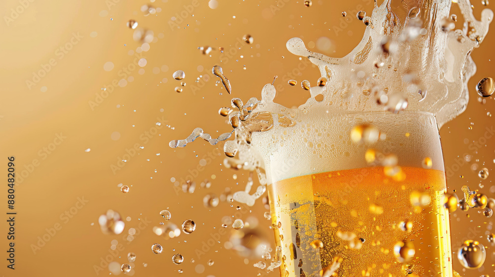 Poster Refreshing Beer Splash with Foam and Bubbles on Studio Background