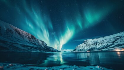 Naklejka premium Spectacular Northern Lights Over a Snow-Covered Mountain Range