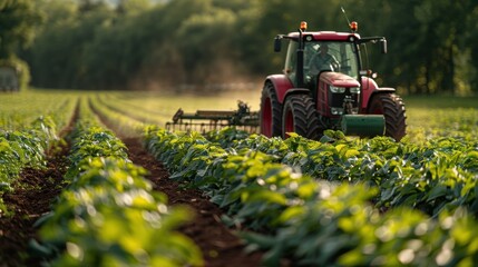 Smart agriculture, automated farming equipment, lush field, precision farming, sustainable practices